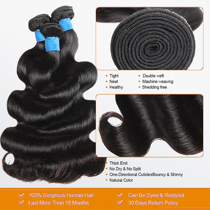 10-40 Inch Body Wavy Virgin Brazilian Hair #1B Natural Black