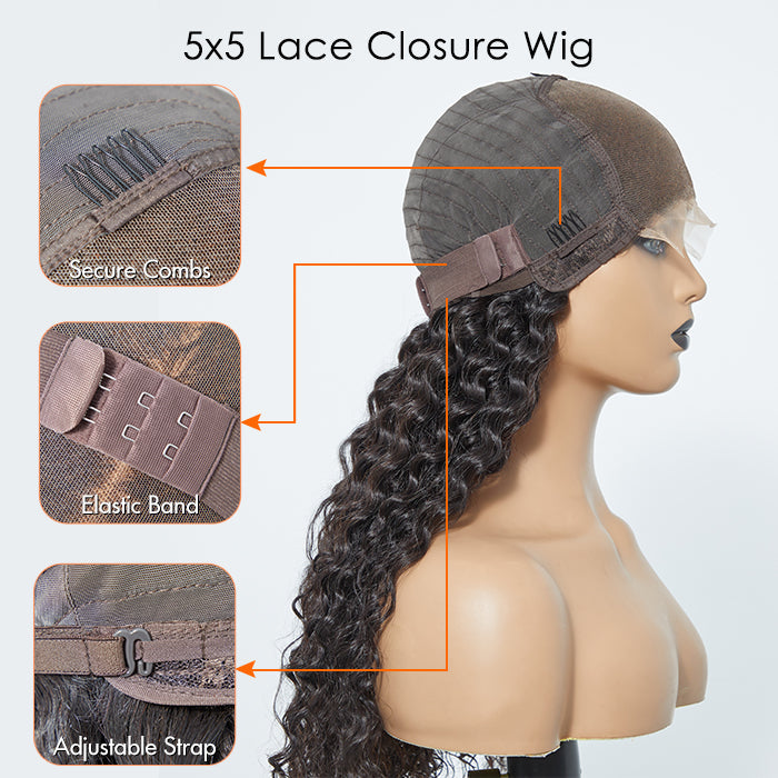 5x5 Glueless Lace Closure Wig 180% Density Deep Wave